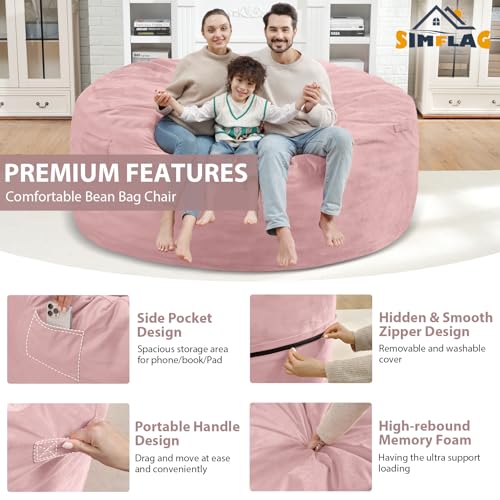 6FT Bean Bag Chair, Large Bean Bag Chairs with Memory Foam Filled, Fluffy Beanbag Sofa with Dutch Velvet Cover, Round BeanBag Chairs for Living Room, Playroom- Light Pink