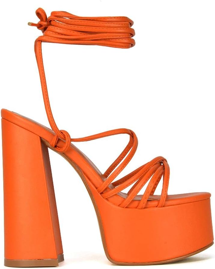 Kino London Womens Platform High Heel Lace Up Sandals Ladies Orange Synthetic Leather Chunky Sole Strappy Party Shoes Size 8 B(M) US