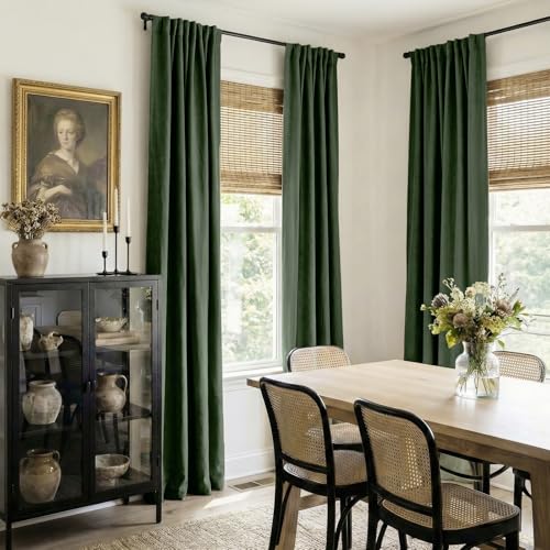 Image of 100% Blackout Shield Green Linen Blackout Curtains for Bedroom 84 Inches Long, Back Tab /Rod Pocket Living Room Drapes, Thermal Insulated Blackout Curtains 2 Panels Set, 50 inch W x 84 inch L,Loden