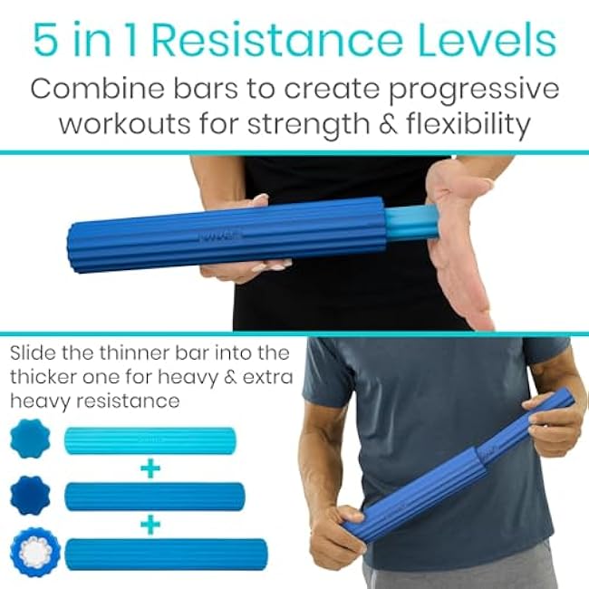 Vive Flex Therapy Bars (3 Pack) - Twist Resistance Hand Grip Strength Trainer for Injury Recovery, Tennis Elbow, Golfers, Tendonitis Pain - Weighted Strengthening Multi Pack