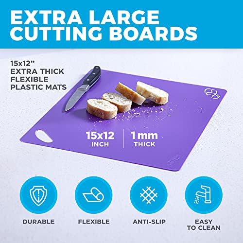 Extra Thick Flexible Plastic Chopping Cutting Board Set - Plastic Chopping Board Mats with Colour Coded Food Icons & "EZ-Grip" Waffle Back (Set of 6 with Holes) by Cooler Kitchen