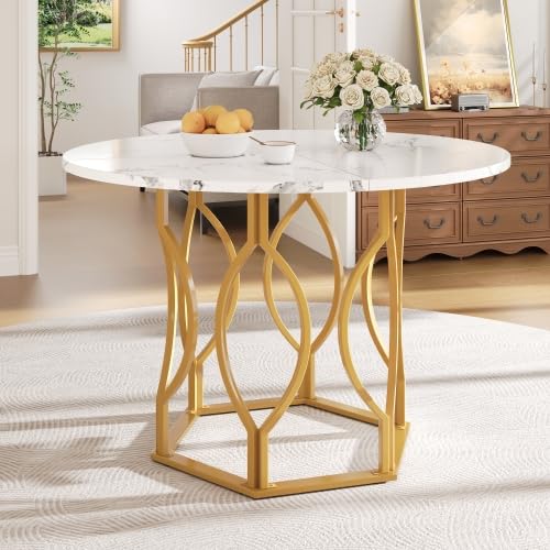 Tavolo da pranzo rotondo 100 cm con struttura in metallo dorato, tavolo da cucina rotondo con piano in marmo bianco in MDF, tavolo da pranzo per 4 persone con piedini regolabili, bianco/oro