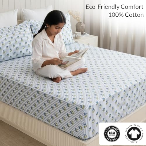 Image of HOMEMONDE 186 TC Soft Cotton Fitted Sheet Floral Printed Single Size Elastic Fitted Bedsheet with One Pillow Covers - (72 X 36 Inches, Blue) | Perfect for Home Decor & Gifting