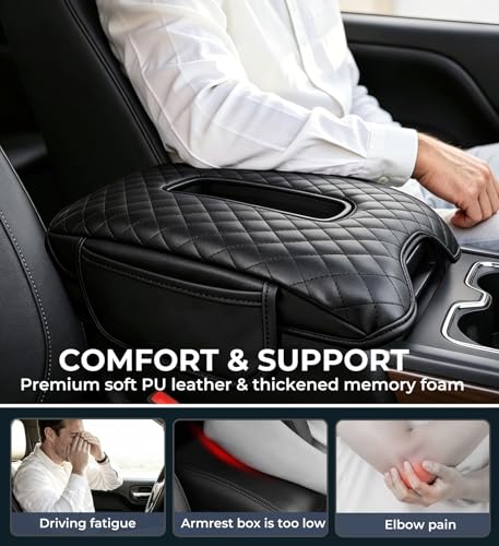 Image of Center Console Cover for Chevrolet Silverado & GMC Sierra 2014-2018, Tahoe & Suburban & Yukon 2015-2020, Fits Bucket Seat Only, 1.2-Inch Thick PU Leather Armrest Protector with 2 Side Pockets