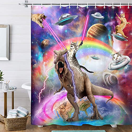 Uokiuki Funny Cat Shower Curtain Boys Kids Bathroom Decor Cool Riding Dinosaur On Fantasy Galaxy Hilarious Curtain Funky Outer Space Universe Anime Fabric with 12PCS Hooks 70X70IN