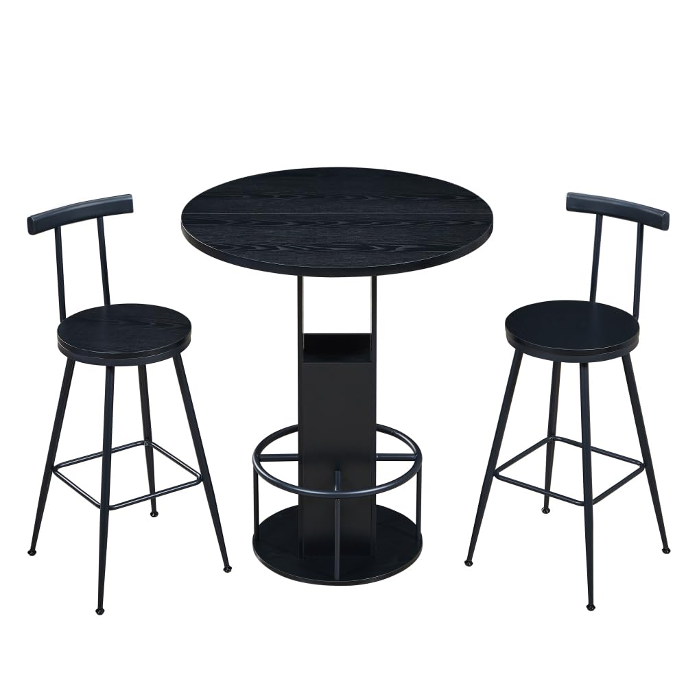 Juego de mesa de bar de 3 piezas con mesa redonda y 2 taburetes de madera robusta con reposapiés de metal, perfecto para comedores, cafeterías, bares, salones, estables y versátiles, 193