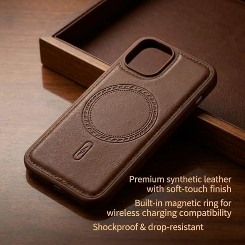 Image of amazon basics Premium PU Leather Case for iPhone 13, MagSafe Compatible Magnetic Ring, Sleek Protective Back Cover - [Brown]