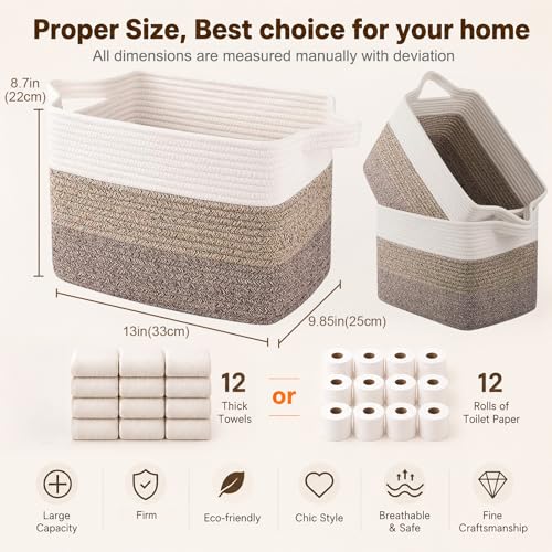 Image of OIAHOMY Storage Basket, Woven Baskets for Storage, Cotton Rope Basket for toys,Towel Baskets for Bathroom - Pack of 3, Gradient Dark Brown