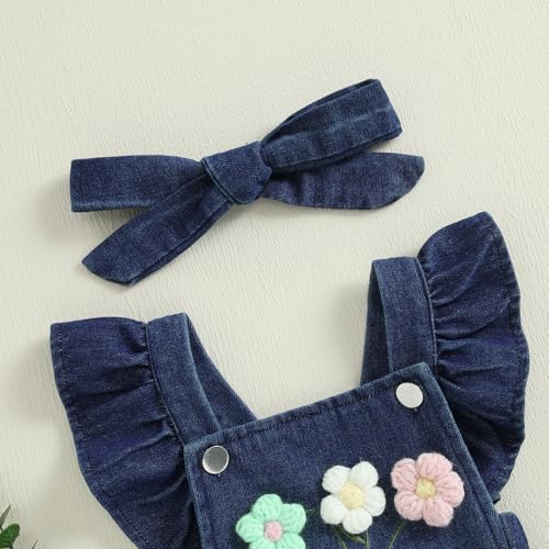 Newborn Baby Girl Romper Ruffle Fly Sleeve 3D Flower Embroidery Denim Jeans Bodysuit Heandband Summer Outfit Clothes2