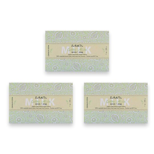 La Belle Vie 100% Pure Vegetable Based Triple Milled Full-Size Bar Soap, Gift Set, Organic Shea Butter, Extra Gentle, Soothing, Nourishing, Made in France, Paraben Free - Cotton Milk 3x 7 oz (200g)