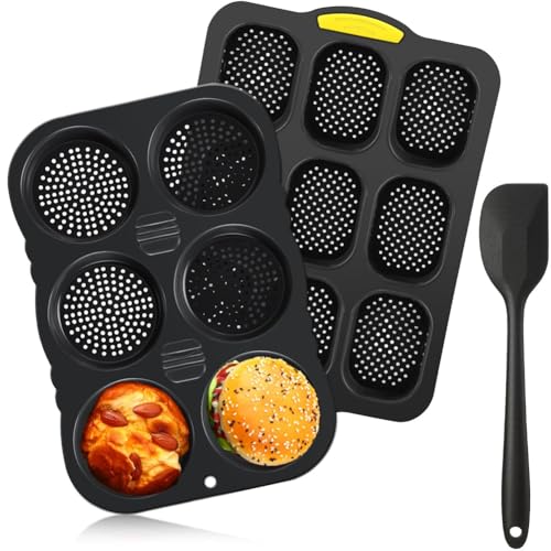 IJSDNVJNDX Juego Molde para Pan Francés y Molde para Panecillos Hamburguesa Silicona con Espátula Bandeja para Hornear Antiadherente de 9 Tazas Molde para Panecillos Hamburguesa de 6 Tazas