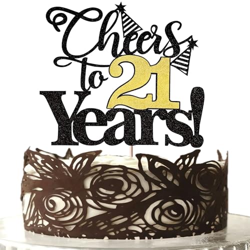 Rsstarxi 1 Pack Cheers to 21 Years Cake Topper Glitter Twenty One Years Old 21st Birthday Cake Pick 21 Fabulous Cake Decorations for Happy 21st Birthday Wedding Anniversary Party Supplies Black