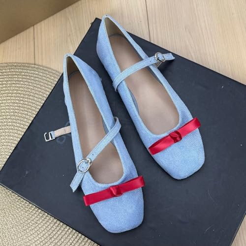 LUXINYU Women Fashion Bowknot Suede Mary Jane Flats Square Toe Buckle Strap Low Heel Lightweight Ballet Party Dress Shoes3