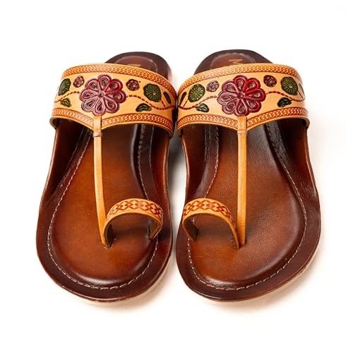 Image of Women Ladies Kolhapuri Genuine Leather Chappal Flats - Slip on Traditional Handcrafted Ethnic and Casual Toe Ring Sandals