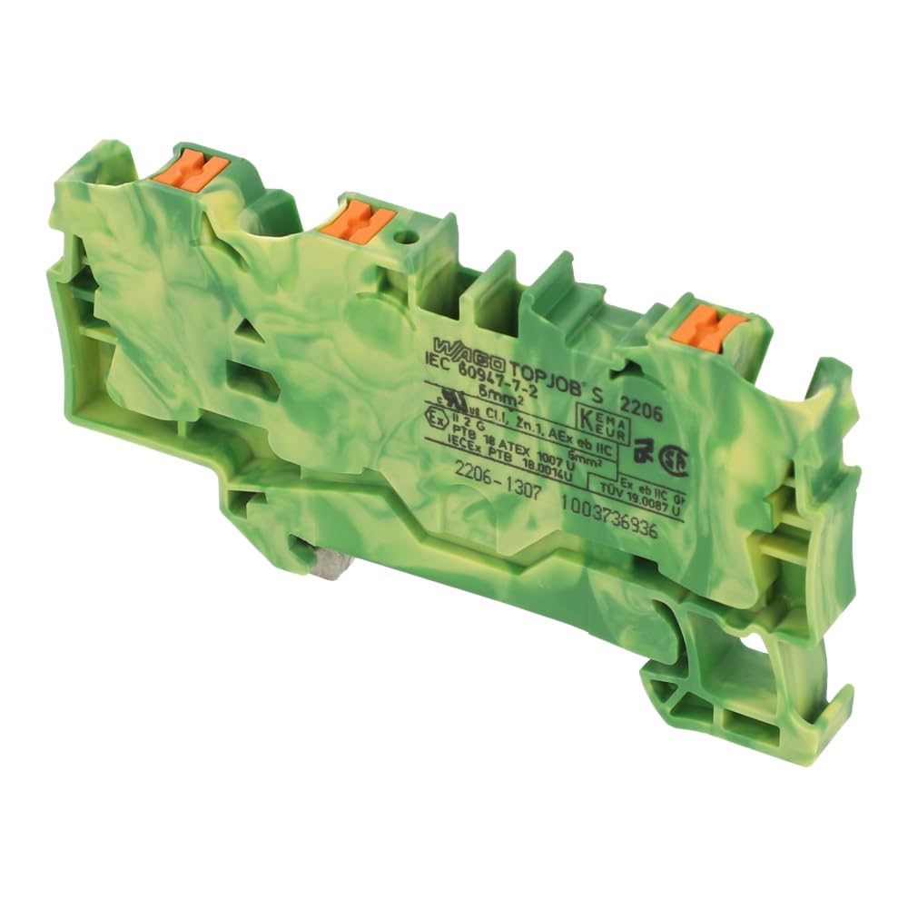 Wago Multicoloured 2206-1307 3-Conductor Ground Terminal Block With Push Button 6 Mm Green-Yellow