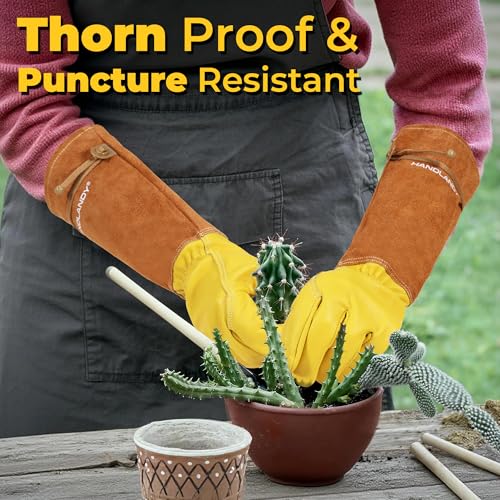 Image of HANDLANDY Rose Pruning Gloves for Men Women, Thorn Proof Gardening Gloves | Long Leather Gardening Gloves, Breathable Leather Gauntlet, Best Garden Gifts & Tools for Gardener (Rust Brown, S)