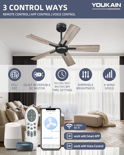 Image of YOUKAIN 42 Inch Smart Ceiling Fan Without Lights, Black Modern Ceiling Fan with Remote & Voice Control, Reversible Blades, Indoor Outdoor Ceiling Fan for Patio Living Room, 42-YJ812-BK-NL