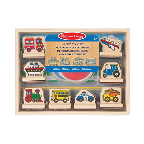 Melissa & Doug Jeu de timbres en bois Véhicules, Tampons, Cadeau pour filles et garçons, 8 timbres et 2 tampons d’encre, Jouet créatif, Loisirs créatifs pour filles et garçons de 3 4 5 6 7 ans