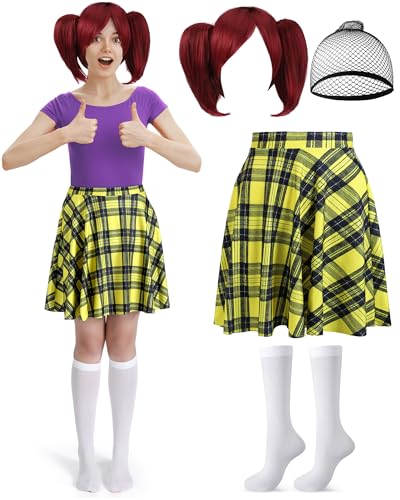 Skicuff 3 Pcs Women Cartoon Costume Red Ponytails Wig Yellow Plaid Skirt White Stocking for Girls Women Halloween Cosplay(M)