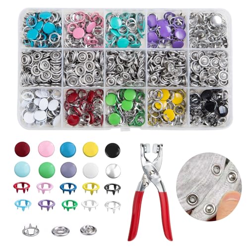 200 Sets Metal Snap Buttons Kit with Fastener Pliers Press Tool - 800 PCS 9.5mm Snap Fasteners for DIY Crafts, Clothing, Hats, Sewing, and Fabric Projects (Mix)
