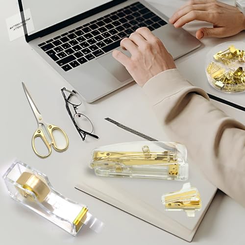 Image of Gold Office Supplies,UPIHO Gold Desk Accessories,Stapler and Tape Dispenser Set with Large Stapler,Tape Dispenser, Staple Remover, Staples, Clips,Scissor,Pen and Sticky Notes,Gifts for Office Clerks
