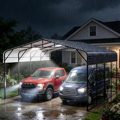 20x20FT Heavy Duty Metal Carport for 2 Cars, Outdoor Portable Car Garage w/Led Light,Reinforced Base and Galvanized Steel Roof, Outdoor Car Port Canopy Shelter for Boats, Full-Sized Pickup Trucks