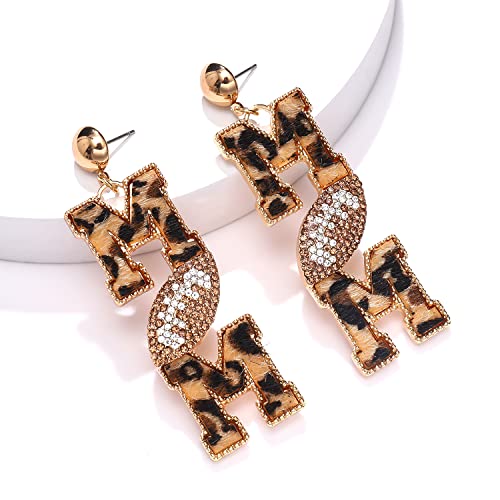 Boderier Leopard MOM Earrings Rhinestone Basketball Football MOM Dangle Earrings Sports Game Team Jewelry Gifts for Mother2