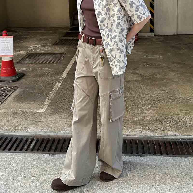 Unisex Retro Khaki Straight Leg Overalls Look Slim, mid Waist, Large Pocket Casual Pants3