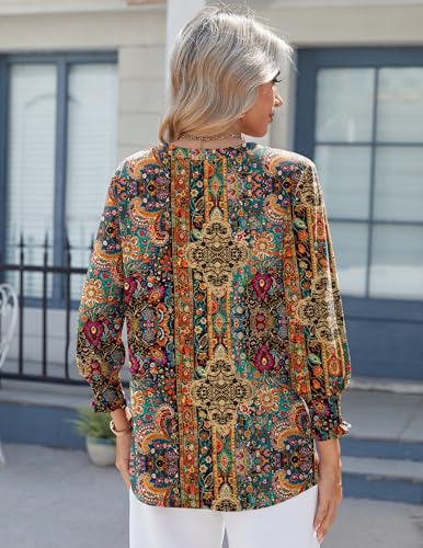 Zeagoo 3/4 Length Sleeve Womens Tops 2025 Floral Womens Blouses V Neck TunicTops with Smocked Cuffs3