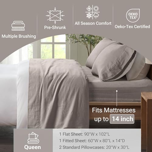 Image of True North by Sleep Philosophy Cozy Flannel Warm 100% Cotton Sheet - Novelty Print Animals Stars Cute Ultra Soft Cold Weather Bedding Set, Queen, Grey Solid 4 Piece