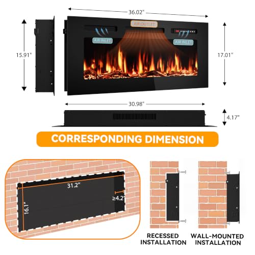 Image of Tehanld 36 inch Ultra-Thin Electric Fireplace Heater, Recessed Wall Mounted