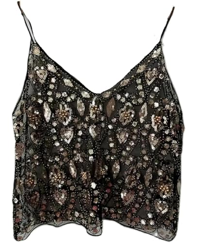 Women V Neck Sequin Cami Top Sexy See Through Strape Camisole Cute Beaded Top Going Out Party Outfits