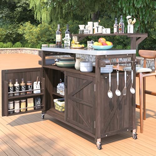 Image of Merax Grill Cart with Stainless Steel Tabletop - 53.3 inch Outdoor Storage Cabinet with Raised Shelf, Bar Patio Kitchen Island with Ample Storage and Lockable Wheels,Brown