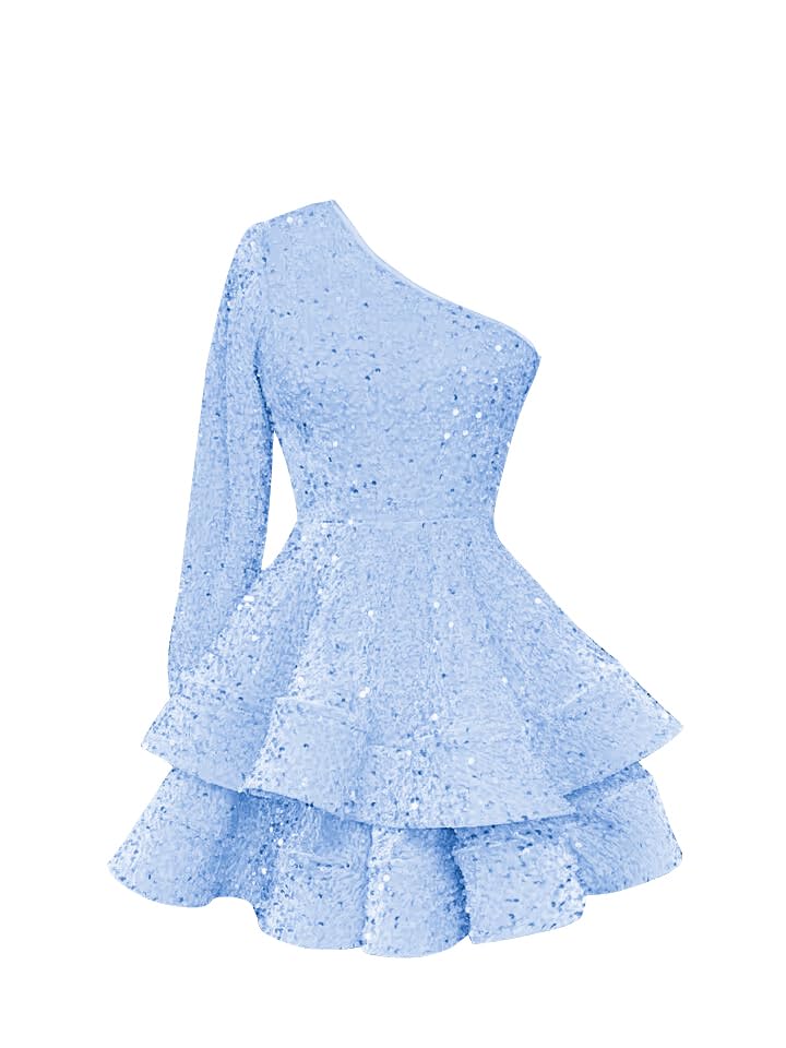 AIHKO Women's One Shoulder Sequin Homecoming Dresses for Teens Puffy Layered Long Sleeve Short Cocktial Gown