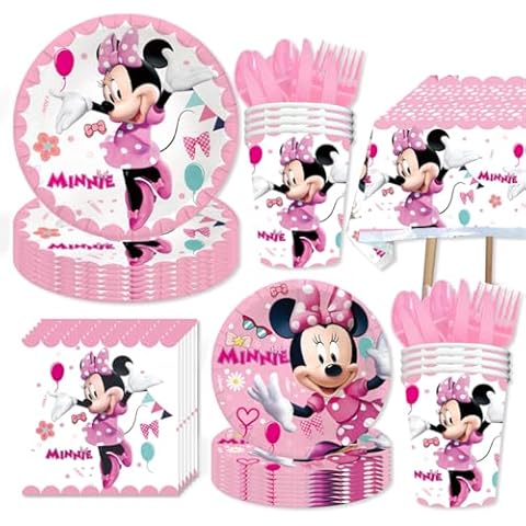 Birthday Party Decortaions Supplies for Pink Minnie Mouse Set,Minnie Party Plate and Napkins,Table Cover - Cups and More Serves 20 Guests for Minnie Theme Birthday Party Supplies Cover