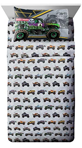 Image of Jay franco Monster Jam MJ Life 4 Piece Twin Bed Set-Includes Reversible Comforter&Sheet Set-Bedding Features Grave Digger, Max-D, Megalodon-Super Soft Microfiber-(Official Monster Jam Product)