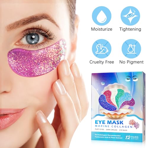 Augenmaske mit Natürlichen Marine -Kollagen & Hyaluronsäure, Eye Pads für Geschwollene Augen, Eye Patches,Anti-Aging Augenpads Gegen Augenringe Entfernen, Reduzieren Falten (12 Paar)