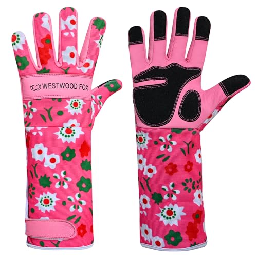 WESTWOOD FOX Leder Gartenhandschuhe Lange Unterarmschutz Ärmel dornsichere Arbeitshandschuhe Rose Beschneiden Garten Sicherheit Atmungsaktiv Langlebig Dicke Handflächenhandschuh (Rosa, XL)