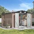 Aoxun 10x12 FT Galvanized Steel Outdoor Storage Shed with Base, Brown