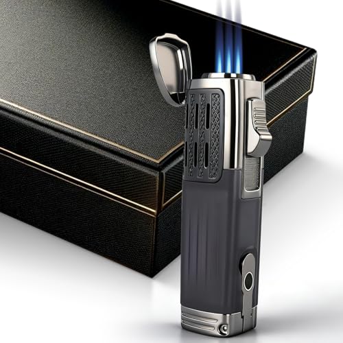 Navpeak Encendedor de antorcha de triple chorro de butano recargable, encendedor de metal resistente al viento con llama ajustable para puros, barbacoas, camping, cocina (gas no incluido)