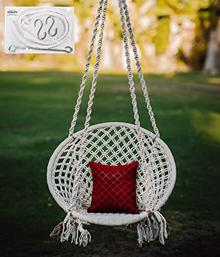 Image of Patiofy Made in India Large Size Swing Chair /with Free Complete Hanging Kit Hanging Chair Handmade 100% Cotton for Comfort Indoor & Outdoor /Swings for Home, Garden (120 Kg Capacity /White in Color)