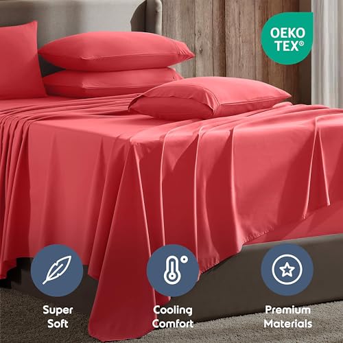 Image of Nestl Extra Deep Queen Sheet Set - 6 Piece Breathable & Cooling Sheets - Hotel Luxury Bedding Set w /18-24 Inch Deep Pockets - Easy & Secure Fit - Super Soft, Wrinkle Free & Comfy - Coral Pink