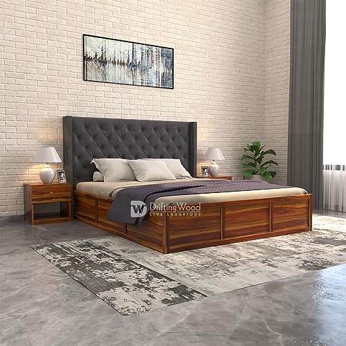 DRIFTINGWOOD Maya Solid Sheesham Wood Queen Size Bed with Storage | Wooden Double Bed Cot Bed with Box Storage & Upholstered Cushioned Headboard for Bedroom | Honey Finish | Grey