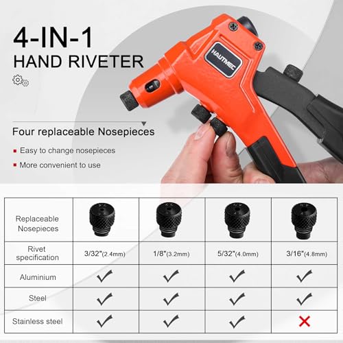 HAUTMEC Pop Rivet Gun with 4 Tool-Free Interchangeable Rivet Heads and Portable Wrench, Heavy Duty Durable Hand Riveter for Metal, HT0087-HR - Thumbnail 4