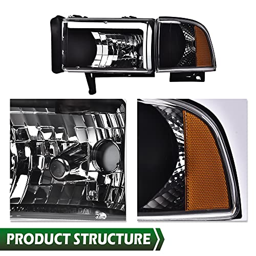 Image of GRAND ORANGE Led Drl Headlights Assembly, Compatible with Dodge Ram 1500 2500 3500 1994 1995 1996 1997 1998 1999 2000 2001 2002 Clear lens Black Housing Amber Reflector