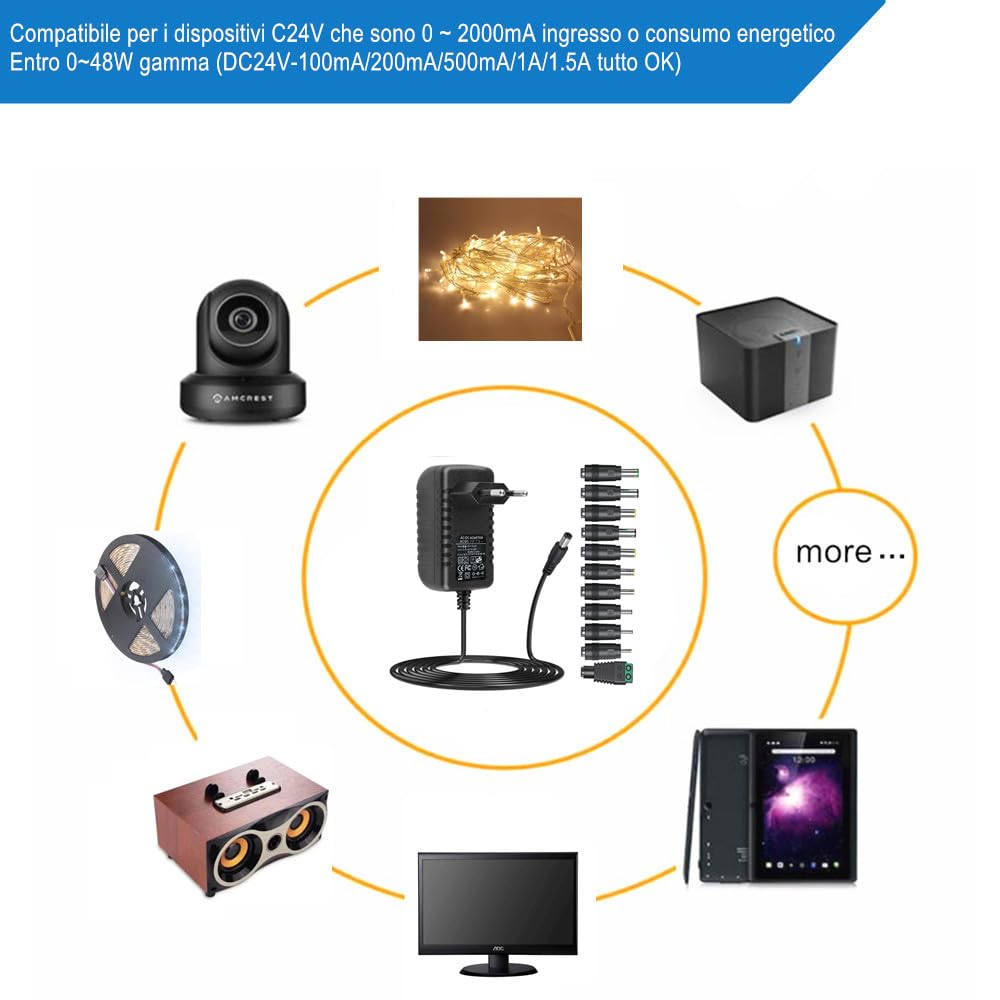 Alimentatore DC 24V 2A con 11 connettori DC a punta, convertitore AC a DC 24V 2Amp 1.5A 1A, trasformatore per strisce LED, luci, fotocamere, PC, display, monitor, altoparlanti, dispositivi 24V