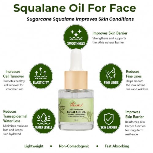 Image of Mirabela Squalane Oil for Face - Hydrating Face Oil for Glowing Skin, Hydration, Lightweight Moisturizer, 100% Plant Derived Sugarcane Squalane Oil from France, Non-Comedogenic, All Skin Types, 20ml