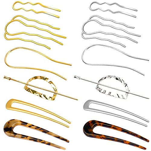 12 Pieces Metal U Shaped Hairpins French Style Hair Stick Cellulose Acetate Tortoise Shell U Shaped Hair Pin Oval Side C