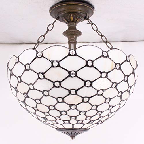 Image of WERFACTORY Tiffany Ceiling Light Fixture Stained Glass Semi Flush Mount 16 inch