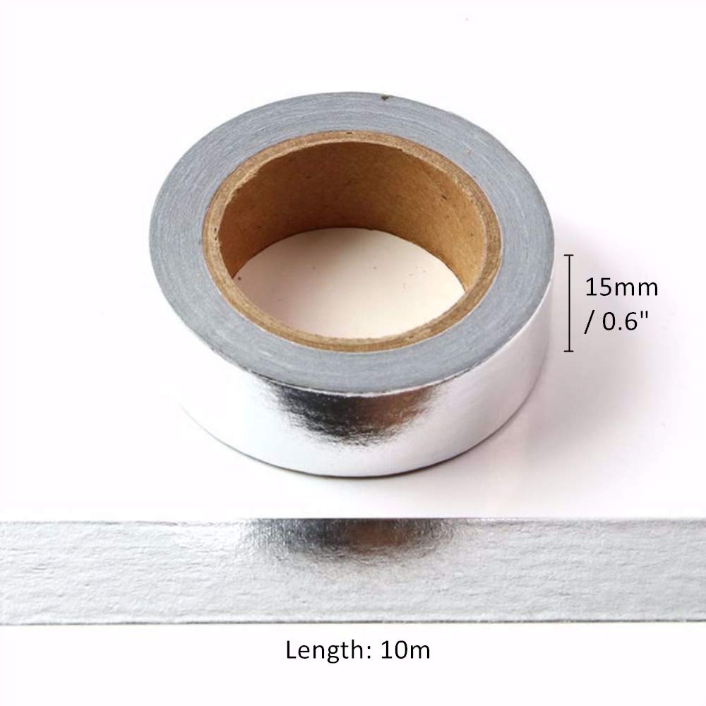 Zestaw 6 rolek taśmy Washi z litej srebrnej folii, 15 mm, szerokość 10 m, brokat, papierowe, samoprzylepne taśmy maskujące, do samodzielnego scrapbookingu, rękodzieła, sztuki, dziennika, dekoracji, 6